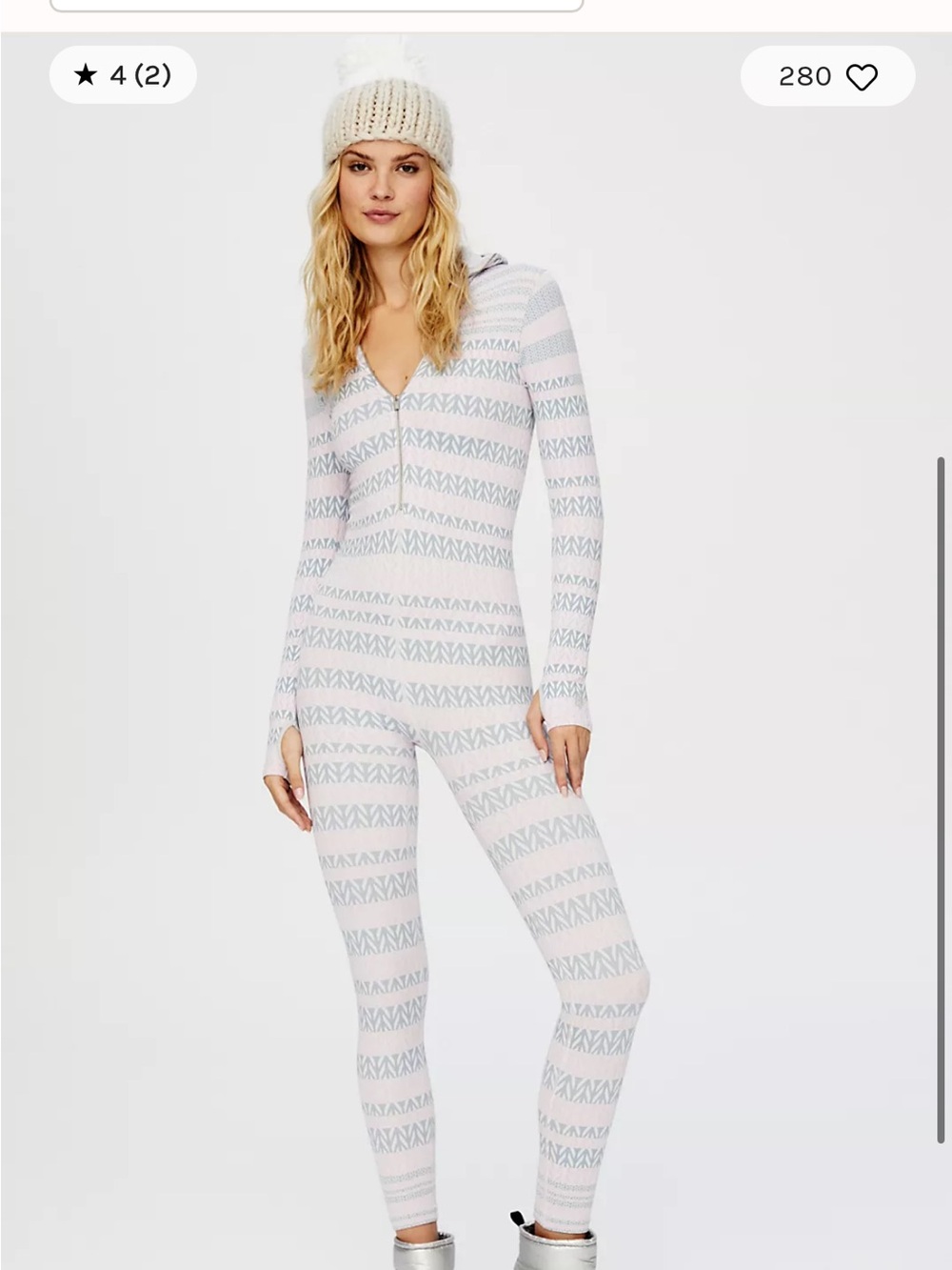 Free People Ski Bunny Cozy Zip-Front Hood One-Piece Light Pink Light Gray Nordic